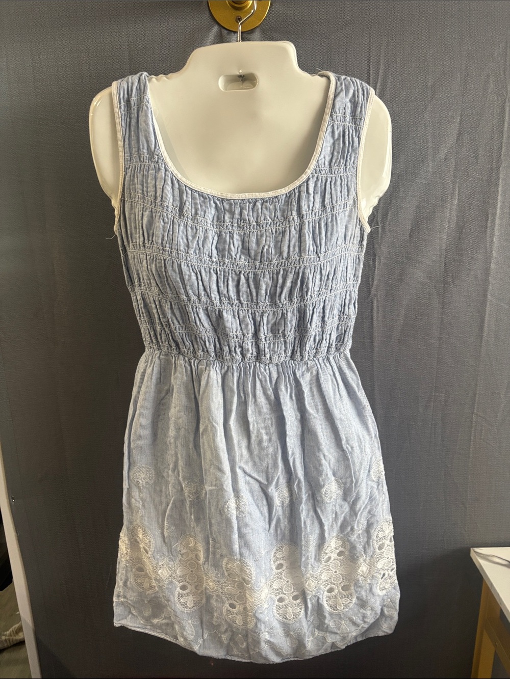 Max Studio Light Blue Sleeveless Smocked Dress with White Lace Hem